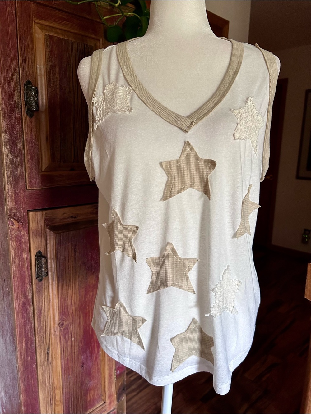 POL Cream Tank with Tan Star Appliqués